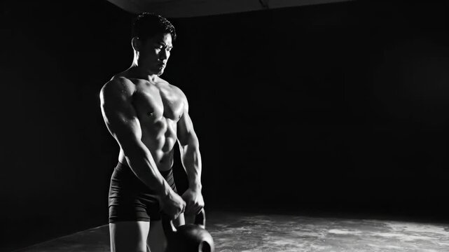 black and white shot of muscular asian man exercising with kettlebell on dark background. strength, fitness, and workout concept. banner, website header with copy space.