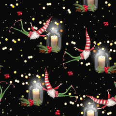 christmas seamless background with scandinavian gnomes and lanterns