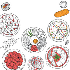 Korean food frame. Hand drawn top view Korean food dishes vector sketch illustration. Tteokbokki, bulgogi, bibimbap, pajeon, jjigae, kimchi, corn dog, odeng, kimbap.