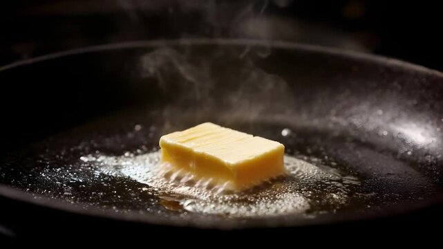 A pat of butter melting in a hot frying pan, steam rising around it.