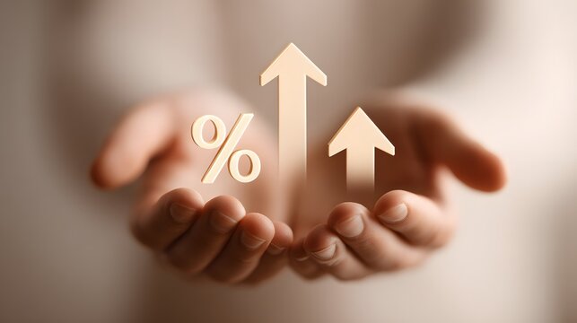 Three dimensional symbols representing financial growth and interest rate increase float above cupped hands