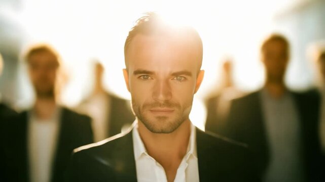 A confident businessman in a suit stands at the forefront with backlit sun, while blurred colleagues stand behind him.