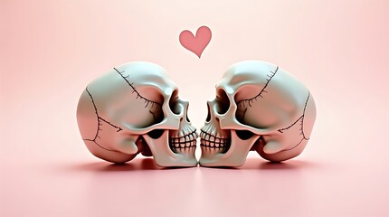 Romantic Skull Art with Floating Heart on Pink Gradient Background