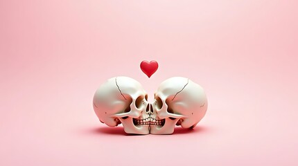 Romantic Skull Art with Floating Heart on Pink Gradient Background