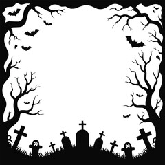 Halloween Horror Frame Border Graveyard, Spooky Trees, and Ghostly Elements