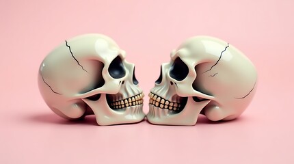 Romantic Skull Art with Floating Heart on Pink Gradient Background