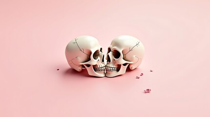 Romantic Skull Art with Floating Heart on Pink Gradient Background