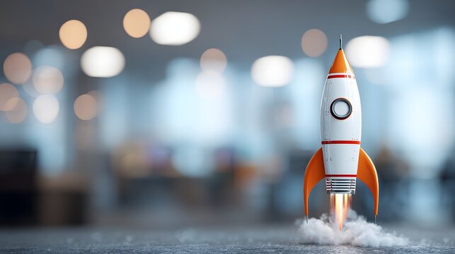 Stylized retro rocket ignites engines while taking off from an office floor surface