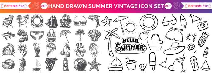 Hand-drawn beach-themed vector set with summer doodles like waves, palm trees, shells, crabs, sunglasses, and surfboards. Perfect for vacation designs, t-shirt prints, and tropical projects.