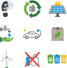 sustainable future toolkit: zero emission & circular economy flat icon set