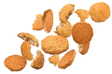 Chaotically flying homemade oatmeal cookies, whole and broken. Isolated on a transparent background.