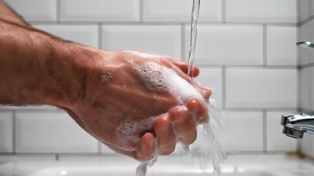 Washing Hands: A close-up shot of hands being washed under running water, the image captures the essential act of hygiene with an emphasis on cleanliness and health.