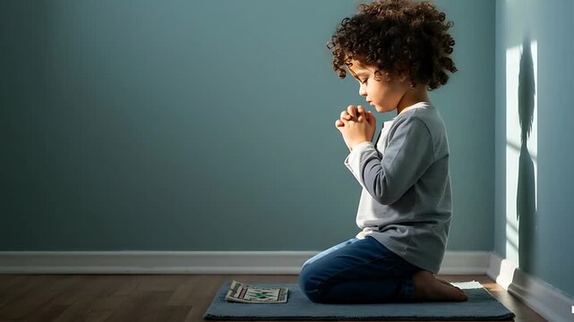 Young boy praying quietly at home, embodying faith, innocence and spiritual devotion with natural