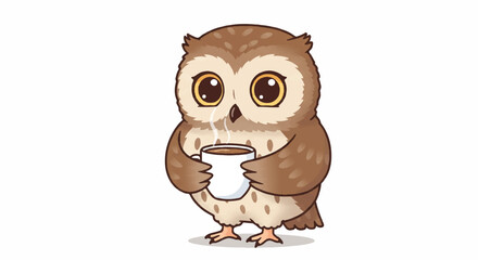 A cute flat 2D vector illustration showing a wise cartoon owl holding a steaming hot coffee cup, isolated against a clean white background, symbolizing morning routine or business intelligence.