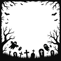Halloween Horror Frame Border Graveyard, Spooky Trees, and Ghostly Elements