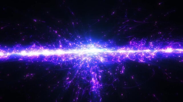 Energetic purple light pulsing through dimensions, abstract purple digital dynamic particle waves with motion light background, data flow. Seamless loop, 4K.	