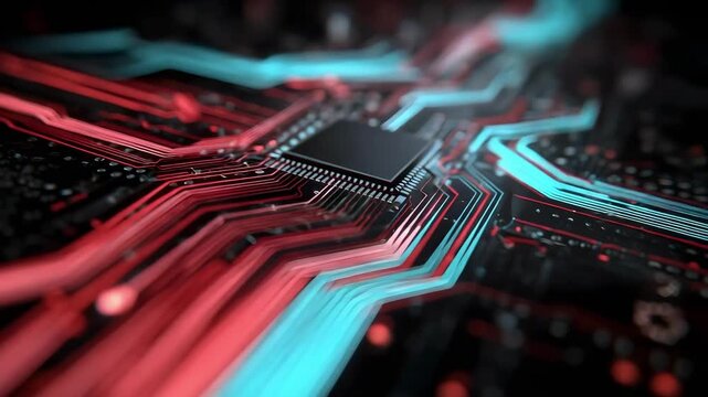 Macro shot of a PCB with glowing red and blue traces and a central microchip.