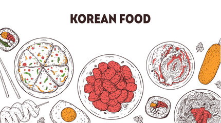 Korean food frame. Hand drawn top view Korean food dishes vector sketch illustration. Kimbap, odeng, pajeon, bulgogi, kimchi, japchae, corn dog, egg bread