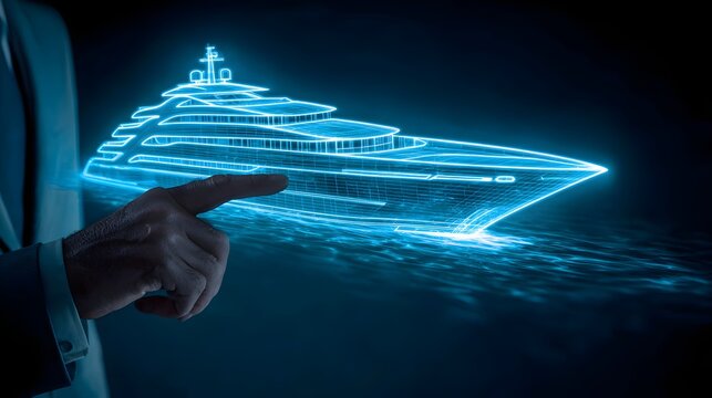 Businessman interacts with glowing digital schematic of a luxurious watercraft on dark background