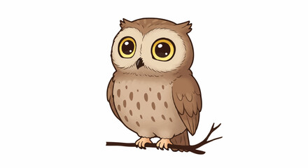 Curious cartoon owl in a clean, flat 2D vector illustration style looking up attentively with large eyes, isolated on a bright white background.