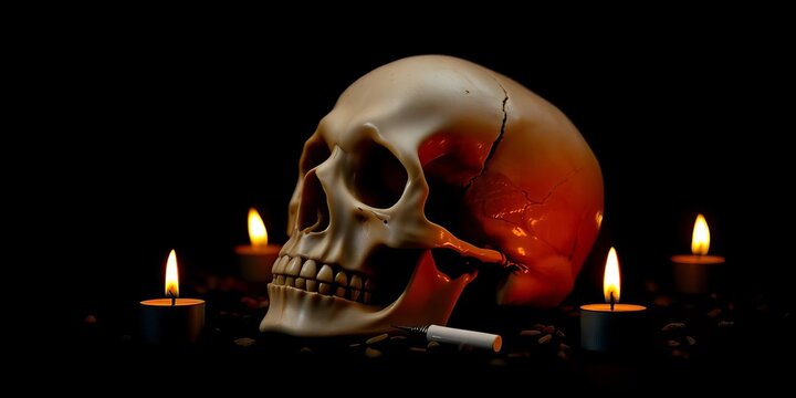 A human skull rests amidst flickering candlelight on a stark black background,   superstition,  death