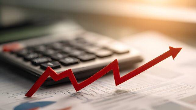 Red arrow indicating upward trend rests on financial documents near a blurred calculator