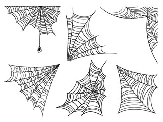 Creepy Dirty Black Spider Web Vector Illustration Set Isolated on White Background