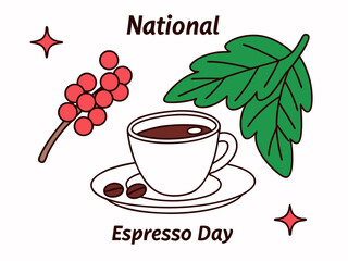 Celebrating National Espresso Day with Coffee Cup Beans Berries and Green Leaf Illustration