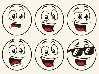 Collection of Cartoon Emoticons with Varied Expressions and Sunglasses Featuring Round Faces and Red Mouths