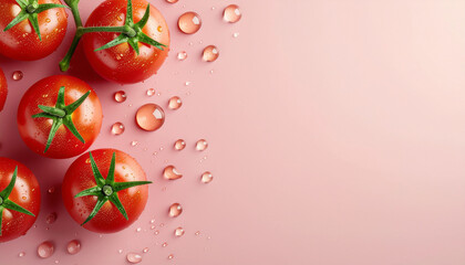 Fresh tomato with sauce in abstract form on pink background with water drops creating vibrant and appetizing visual composition