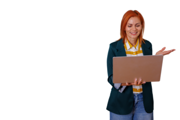 Woman red hair having a video call on laptop, presenting online, communicating virtually on a transparent background