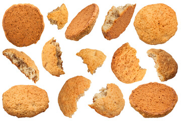 Assortment of freshly baked homemade cookies, whole and broken, isolated on a transparent background.