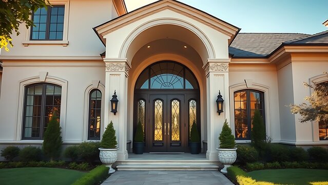 highclass. Elegant luxury home entrance with architectural details and manicured landscape in sunlight. real-estate listings.