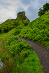 Isle of Skye, Scotland, Uk: view of the Fairy Glen, magic valley connected to ancient customs, children casted flowers petals in the burn to encourage fairies providing villages with fresh water
