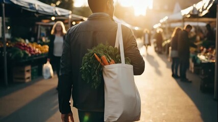 man's back view holding canvas shopping bag with fresh food at outdoor market. zero waste, sustainable living concept. conscious consumer choice for healthy eating.