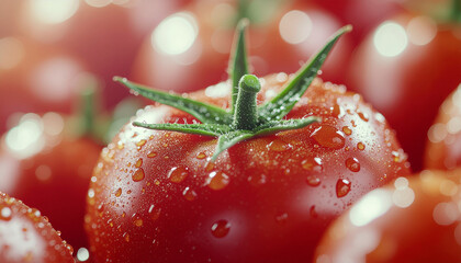 Tomato sauce in abstract form with vibrant red color and fresh water droplets creating lively and appetizing visual