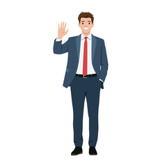 Cheerful businessman in a suit waves hello, symbolizing professionalism. Flat vector illustration isolated on white background
