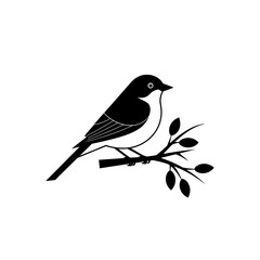 Obraz premium Black and white illustration of a bird perched on a branch with leaves, showcasing nature's beauty