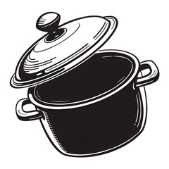 Open black and white dutch oven illustration with lid off prepared for cooking in retro style