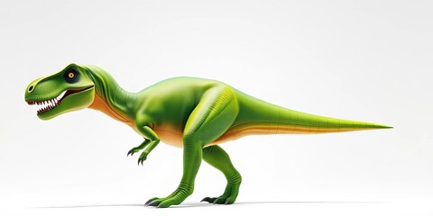 Fototapeta premium A vibrant green Tyrannosaurus Rex stands against a stark white backdrop, green, tyrannosaurus