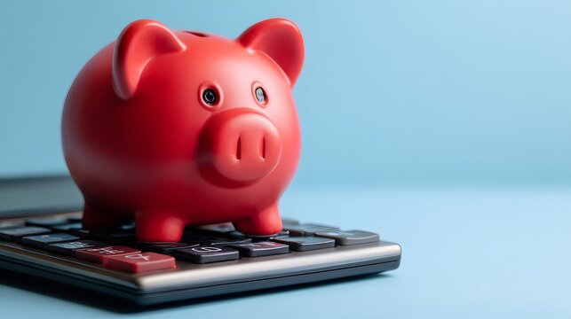 Bright red savings container rests upon an electronic calculation device
