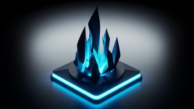 Abstract blue flame sculpture on a dark pedestal with glowing edges