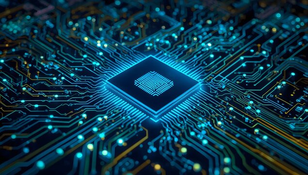 Digital circuit board with glowing cpu and data lines, intricate technology