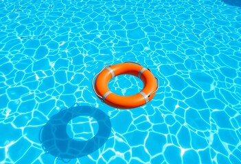 Bright orange life ring floating in a clear blue swimming pool,   sun,  recreation