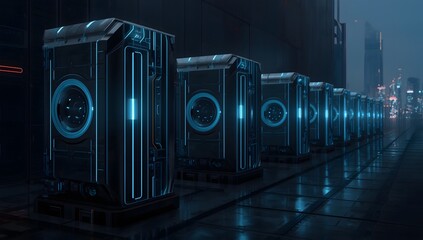 Futuristic data storage units glowing blue in a modern urban environment