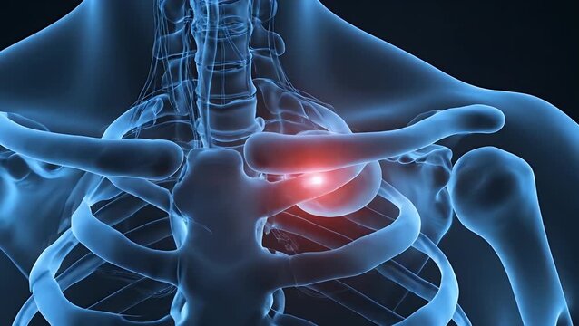 A 3D medical illustration of the human skeleton showing a painful injury or fracture on the clavicle bone