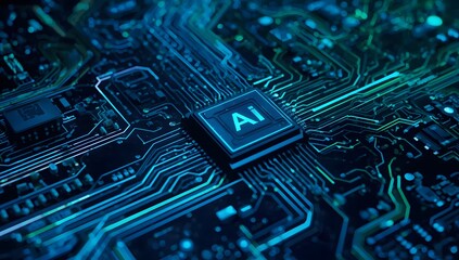 Artificial intelligence processor on a futuristic circuit board, technology