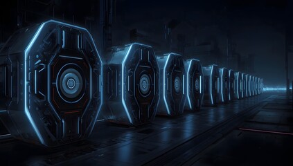 Futuristic data core storage units with glowing blue light in dark server room