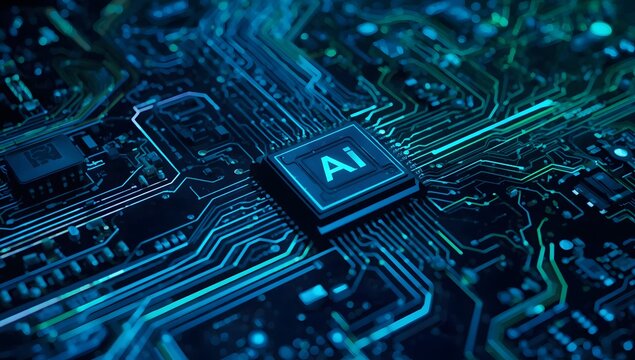 Artificial intelligence processor on a futuristic circuit board, technology