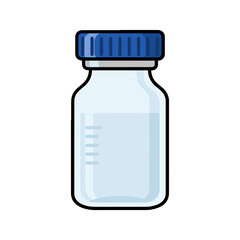 Simple cartoon illustration of a laboratory bottle filled with clear liquid and blue cap on white background